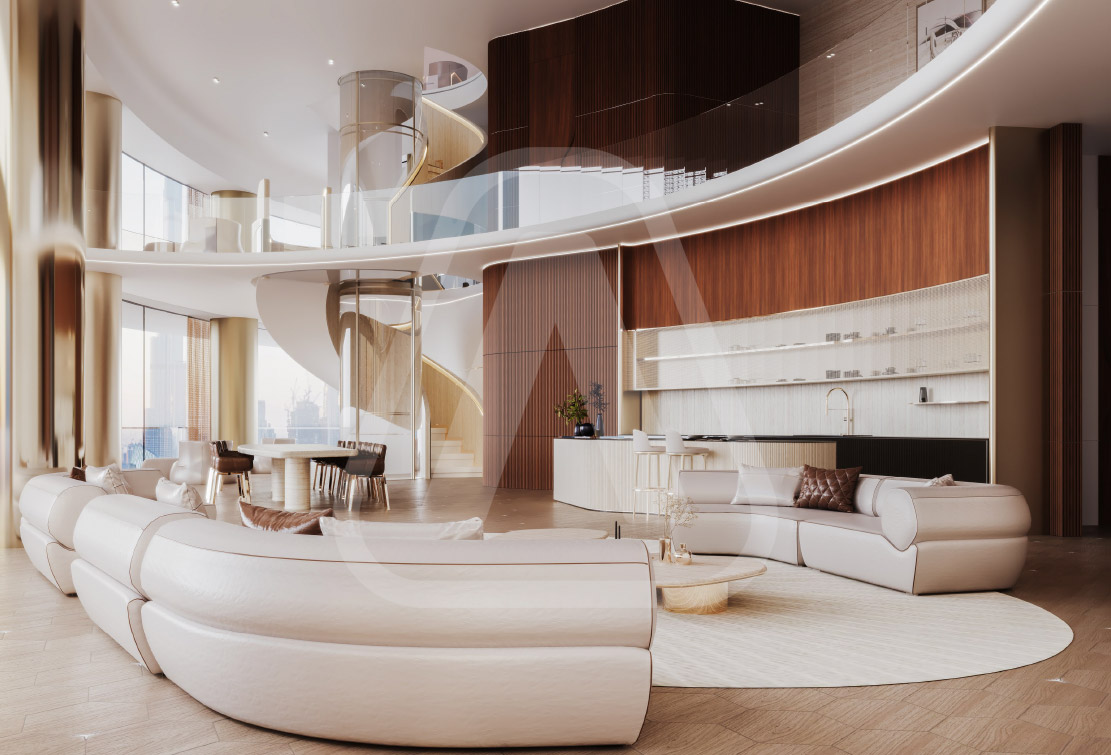 Exterior view of Mercedes-Benz Places | Binghatti luxury residences in Downtown Dubai with a backdrop of the iconic Burj Khalifa.